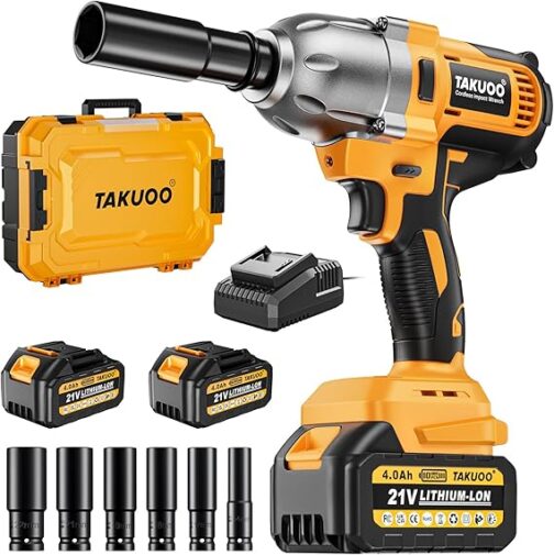 Cordless 1/2 inch Brushless Impact Wrench, Max Torque (1000N.m) 740Ft-lbs Electric Impact Gun w/2x 4000mAh Battery